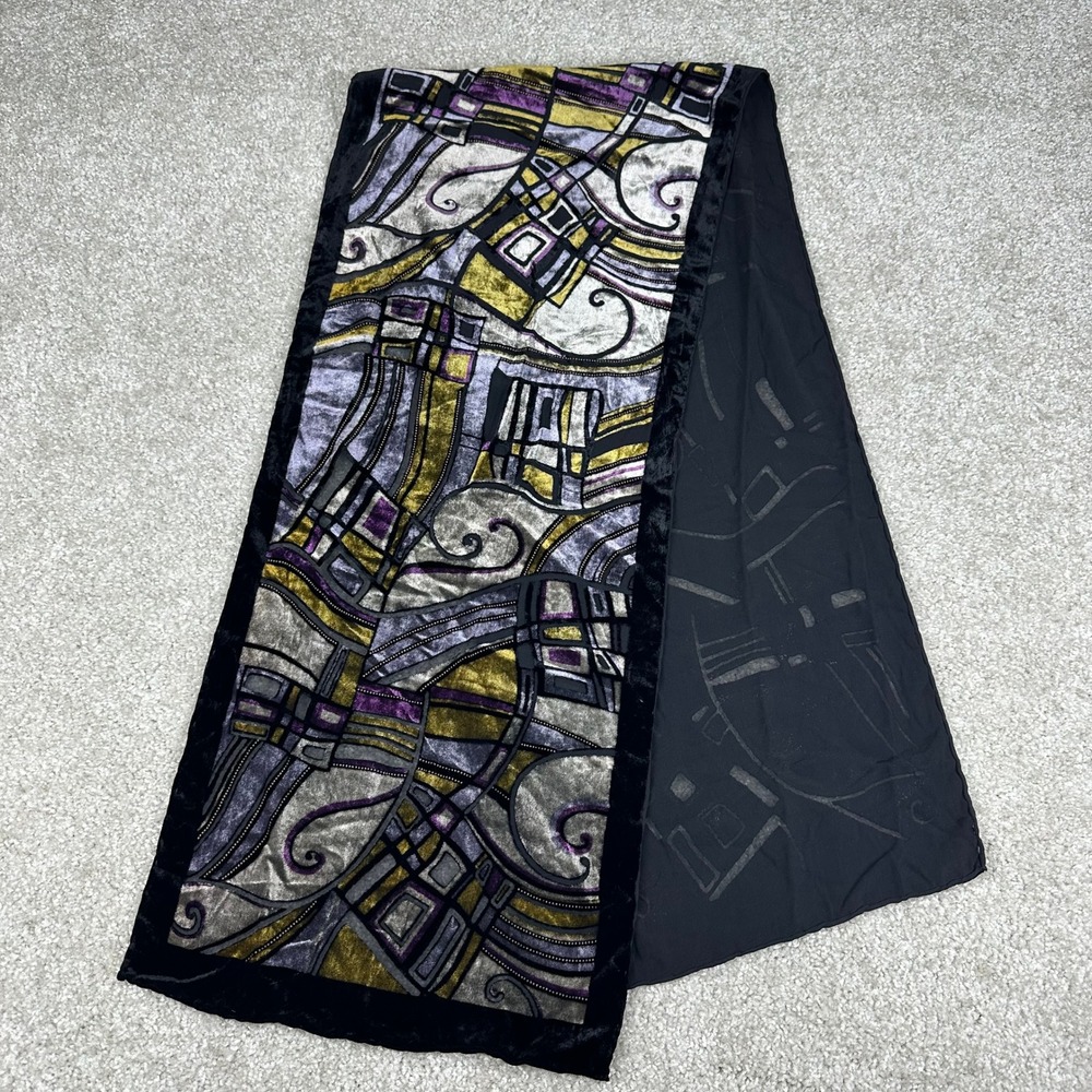 Art Deco Velvet Silk Burnout Scarf Stained Glass Devore Wrap Purple Gold Black
